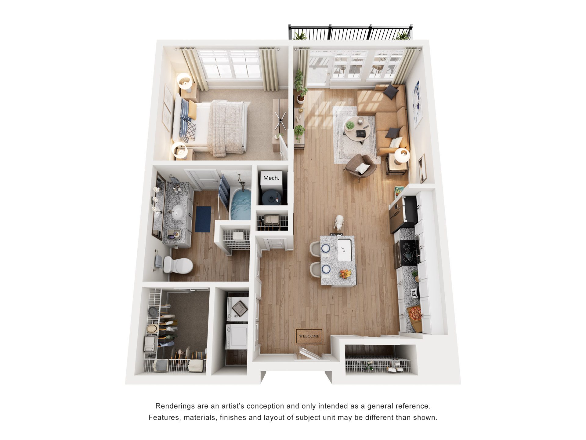 Floor plan for 1 bed, 1 bath, 807 sqft